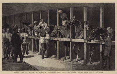ディナータイム、マルタからインドにインド軍を運ぶ輸送船のスケッチ 作： John Charlton